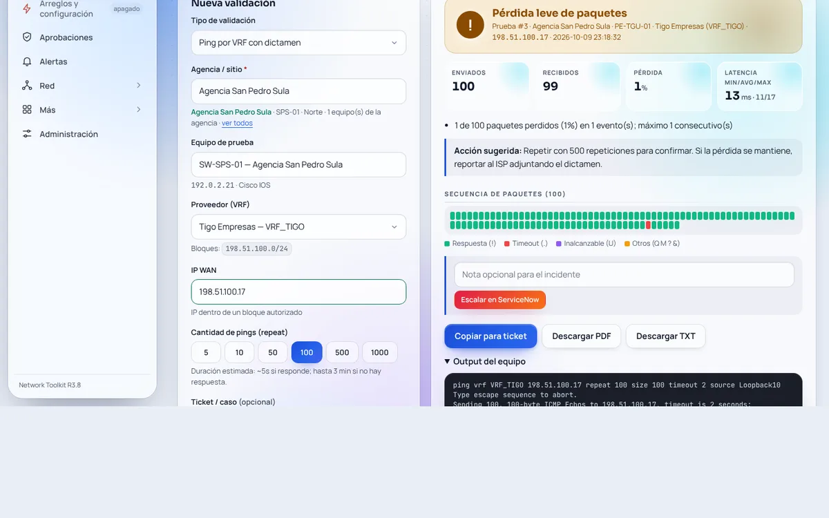 Pantalla de validación de enlace con dictamen de pérdida leve de paquetes